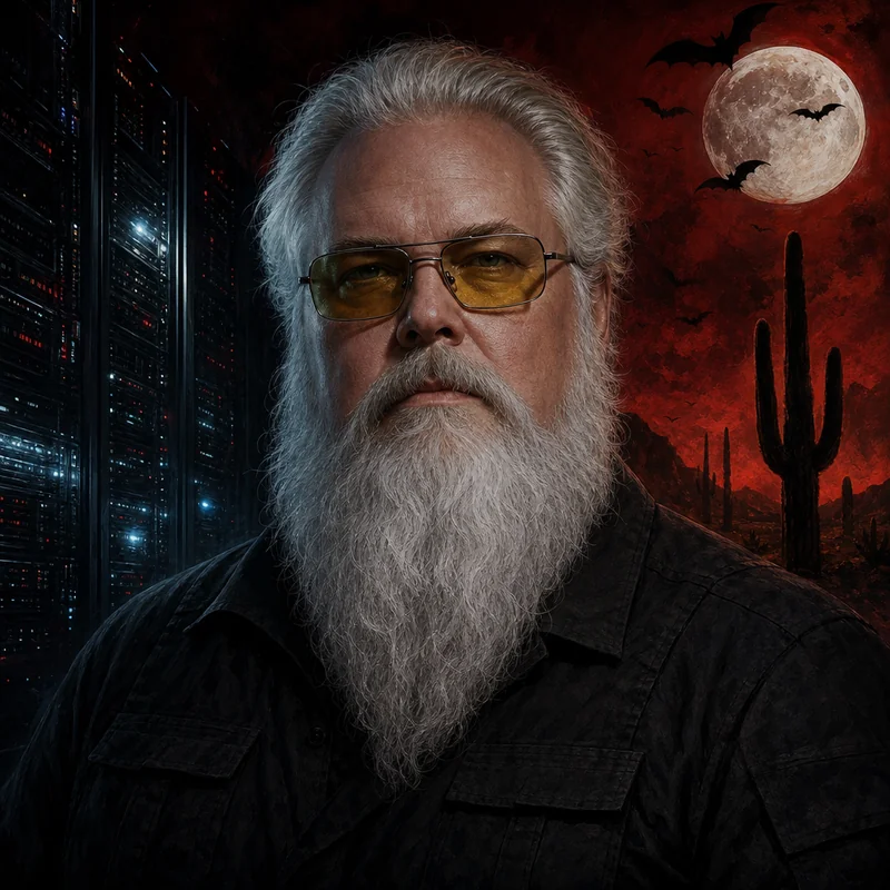 E.L. Frederick: a bearded man in tinted glasses against a red desert night, saguaros and a full moon behind him.