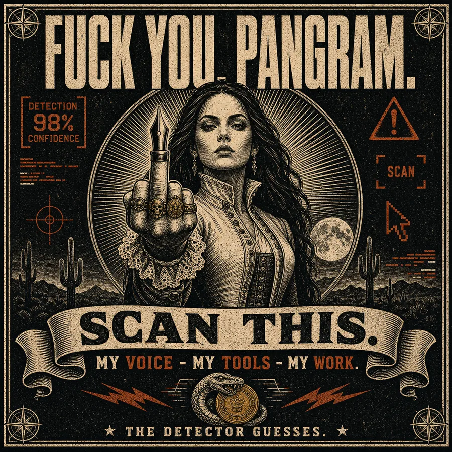 A letterpress-style poster of Betsy Bishop in Victorian dress against a Sonoran desert night, raising her middle finger, which is drawn as a fountain pen nib. The headline reads &ldquo;Fuck you, Pangram.&rdquo; A banner below reads &ldquo;Scan this.&rdquo; over the line &ldquo;My voice - my tools - my work.&rdquo; Mock detector output in the margins reads DETECTION 98% CONFIDENCE and SCAN. Along the bottom: &ldquo;The detector guesses.&rdquo;